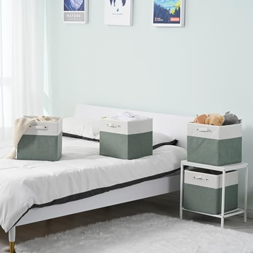 FinishingBo 13 x 13 Inch Fine Linen Storage Bins with Handles，Fabric Cube Boxs，Basket Organizers for Shelves for Home, Closet Drawers (White/Green-4 Pack ) - color: White/Green-4 Pack