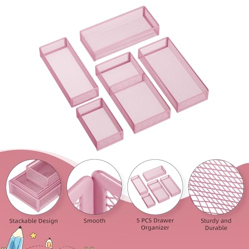 Marbrasse 5 Pack Desk Drawer Organizer Set, Mesh Drawer Storage Trays with 1 Adjustable Divider, Desk Organizers and Accessories, 5 PCS Drawer for Office Supplies, Makeup & Vanity (Pink) - color: Pink