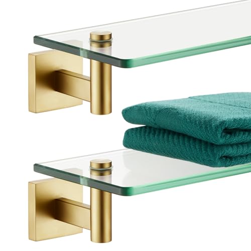 KOKOSIRI Wall Shelves Floating Shelf 12'' Gold Stainless Steel Bathroom Hardware Tempered Glass Hanging Rack Storage/Room Decor 2 Pack B1105BG-L12-P2 - color: Brushed Gold, size: 12-Inch(2 Pack)