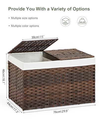 SETVSON Storage Basket with Lid Wicker Baskets for Storage with 2 Separate Lid 42.3 Gallon (160 L) 29.9 x 17.3 x 18.1 Inches Rattan Woven Large Wicker Basket with 2 Liners for Bedroom Laundry Brown - color: Brown, size: 160L-29.9L*17.3W*18.1H