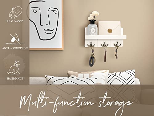 Rebee Vision Key Holder for Wall with Shelf: Elegant Farmhouse Mail Organizer with Decorative Floating Shelf and 3 Anchor Key Hooks for Wall - Retro Key Hangers for Entryway Decor (Rustic White) - color: White