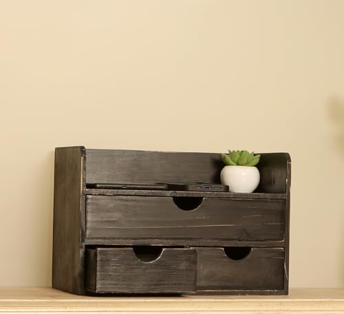 Vintage Rustic Wooden 3 Drawer with Shelf Office Desk Organizer & Mail Rack For Desktop,makeup holder Box for Office Home Toiletries Supplies Vanity, No Assembly Required (Rustic Black) - color: Wood