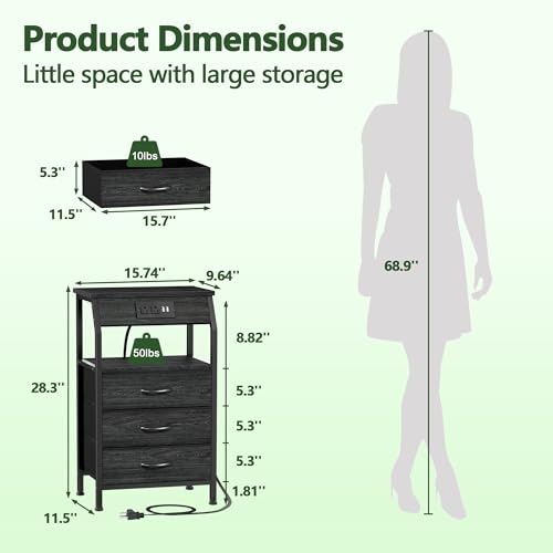 Furnulem Night Stand with Charging Station, 28.3 Inch Tall Side Table with Fabric Drawers and Storage Shelf, Bedside Table with USB Ports & Outlets, Nightstand for Bedroom, 3 Ways to Use, Black Oak - color: Black Oak, size: 3 Drawer