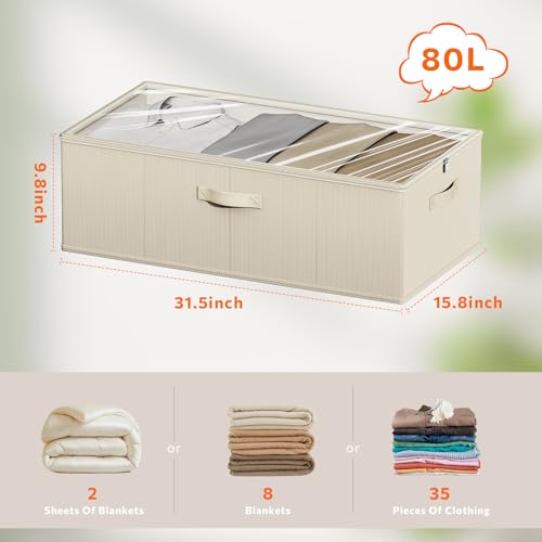 10inch 3 Pack Under Bed Storage Containers, 10 Inch Tall Underbed Clothes Storage Organizer Bin with Clear Window，Foldable Box Basket for Clothes, Closet, Bed Sheets and Blankets Beige - color: Beige