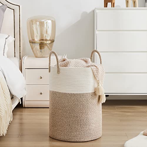 YOUDENOVA Woven Rope Laundry Hamper Basket, 72L Tall Luandry Basket, Baby Nursery Hamper for Blanket Storage in Bedroom-Large-Brown - color: White&Brown, size: Large(72L )
