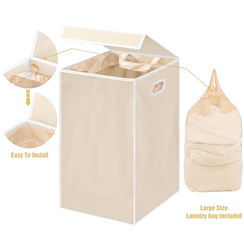 Simple Houseware Foldable Laundry Hamper Basket with Lid, Beige - color: Beige