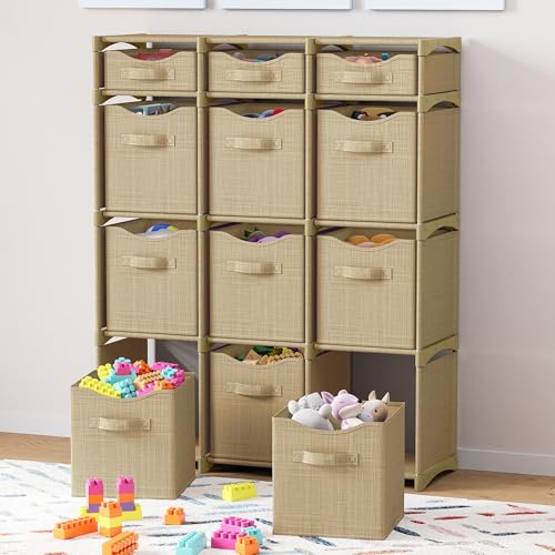 Cube Storage Organizer with Storage Bins Included - The Perfect Closet Organizers and Storage Solution. Includes 12 Storage Cubes, Great For Toy Storage, Closet Storage, Clothes Storage (Beige) - color: Beige, size: 12 Storage Cubes