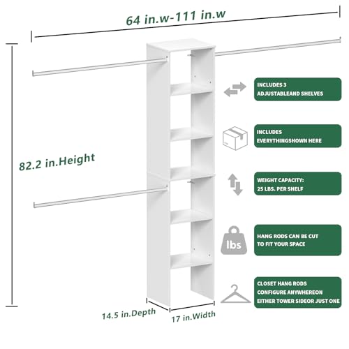 Closet System, 17" Wide Organizer with 3 Hanging Rods, Wood Tower Storage for Walk-In Closets, Wall-Mounted Wardrobe Organizer Kit, White - color: White, size: 17" Wide, style: Starter Tower