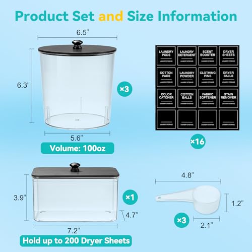 Laundry Pods Container & Dryer Sheet Holder, Laundry Room Organization and Storage Jars with Lids, Labels & Scoops for Powder Detergent Scent Booster, Black Lid - color: Black