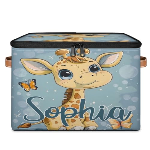 Custom Storage Basket with Name, Personalized Storage Bins with Zipper Lid, Foldable Fabric Storage Box Large capacity with Handle Butterfly Giraffe - color: Option 21