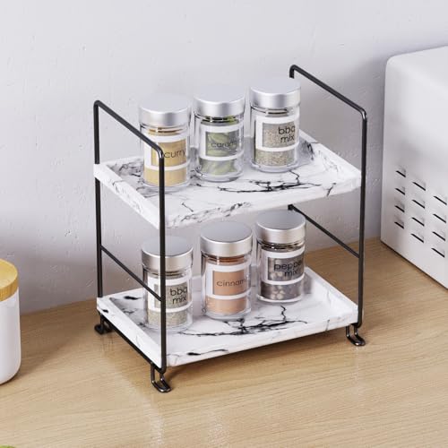 Kitchen Organizer,Small Spice Rack,Bathroom Organizer, Countertop Makeup Shelf Cosmetics Storage Display Rack Vanity Shelf,PP Imitation Marble Design,Tool-Less Install.(Black,2-Tier) - color: Imitation Marble,black