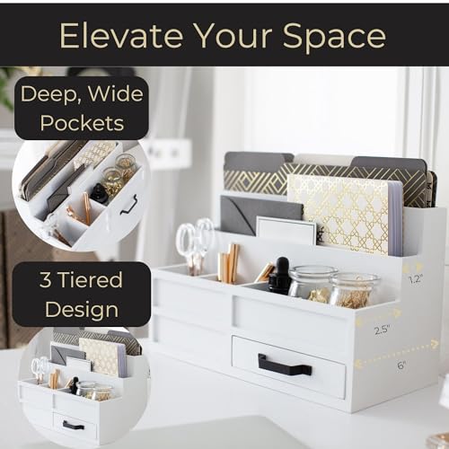 BLU MONACO | White Desktop Organizer with Drawer Storage | Tabletop Organizer with Drawers for Paper Bills Mail | Wooden Mail Organizer for Countertop Workspace | with Drawer, Bill - color: White