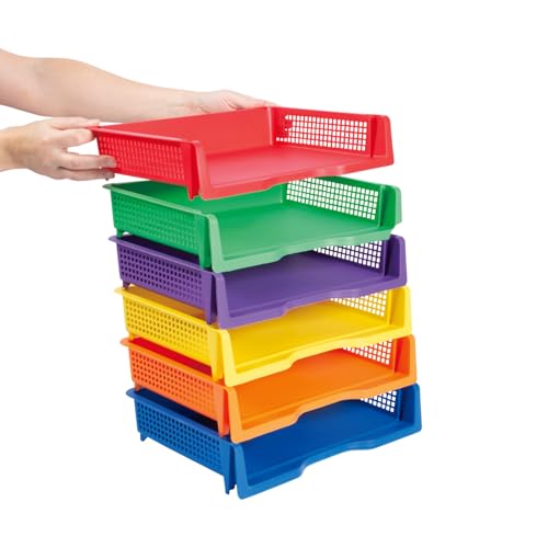 Fun Express Paper Organizer Stackable Plastic Trays 6 Pack - Colorful Desktop Organization System for Classroom & Office | Letter Size Paper Storage Bins for Teachers, Students & Home Use