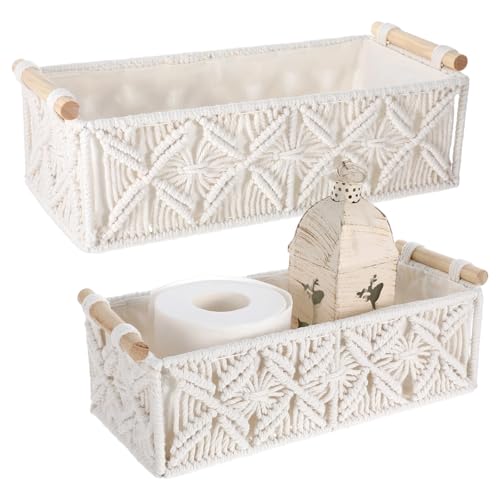 Kifmurase Macrame Storage Baskets 2PCS, Boho Woven Decorative Basket for Organizing with Handle, Countertop Toilet Paper Storage Container for Tank Bedroom Nursery Livingroom Entryway(White)
