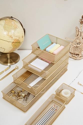 Annova Mesh Stackable Drawer Cabinet and Shelf Organizer Bins Storage Basket School Office Supply Holder Tray- Set of 2 (Gold, 6x6x2 Inch) - color: Gold, size: 6x6x2 Inch