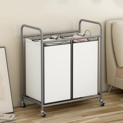 SUOERNUO Laundry Hamper Basket 2 Bag Laundry Sorter Cart with Rolling Removable Bags Laundry Organizer Cart for Clothes Storage, Beige (2 Bags, Beige) - color: Beige, size: 2 Bags