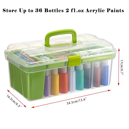 JUXYES Plastic Clear Craft Paint Bottle Storage Box with Divided Tray and Cleaning Cup, Portable Acrylic Paint Storage Organizer Case with Lid, Storage 36 Bottles of 2 fl. oz Acrylic Paints, Green - color: Green