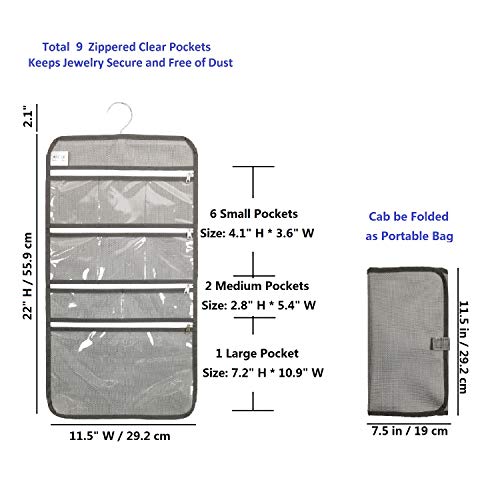 Travel Foldable Jewelry Rolls Bag Hanging Jewelry Organizer with 9 Zippered Clear Pockets Storage Pouch with Rotatable Hanger (GREY) - color: GREY
