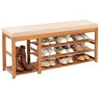 PETKABOO 47.2 in Shoe Rack Bench with Cushion, 3 Tier Bamboo Entryway Bench with Storage for Entryway, Hallway, Bedroom, Living Room - color: Brown, style: 47 in