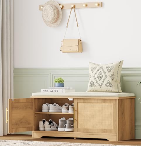 Rattan Shoe Storage Bench with Cushion, 39.4" Wide Entryway Bench with Adjustable Shelf, Hidden Shoe Organizer Cabinet, for Hallway, Living Room, Bedroom, Natural Oak