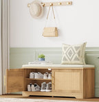 Rattan Shoe Storage Bench with Cushion, 39.4" Wide Entryway Bench with Adjustable Shelf, Hidden Shoe Organizer Cabinet, for Hallway, Living Room, Bedroom, Natural Oak