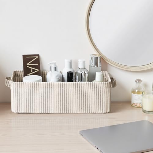 StorageWorks Narrow Storage Bins, Small Basket for Closet and Shelves, Fabric Organizer with Handles, Toilet Paper Storage, Khaki and Beige Stripes, 2-Pack - color: Khaki and Beige Stripes, size: 15"L x 6"W x 5"H