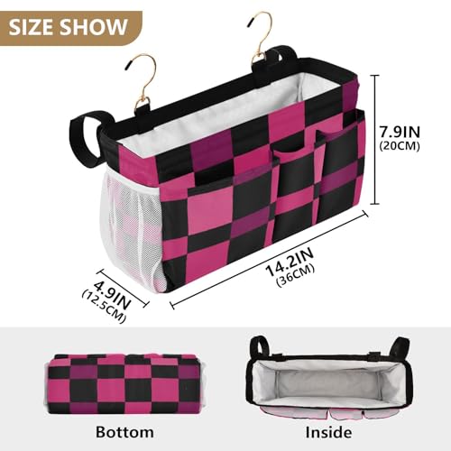 Bedside Caddy Metal Frame Hanging Organizer Bunk Bed Dorm Accessories Hook And Loop Storage Bag Large Pockets Checkered Dark Pink and Black - color: Checkered Dark Pink and Black