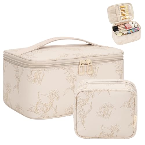 OCHEAL Makeup Bag Set, Portable Travel Makeup Bags Cosmetic Organizer Bag for Women Cute Floral Cosmetic Pouch Large Capacity Make up Bag PU Leather Toiletry Bags with Divider and Handle-Beige - color: 0020_Beige Lily Set of 2, size: Medium