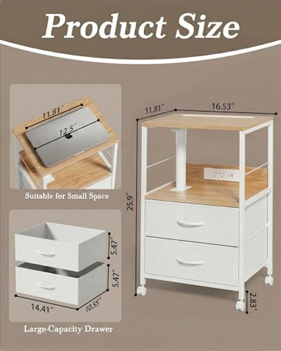 Faesun Swivel Lift Top Nightstand with Charging Station, Rolling Side Table for Recliner, Bedside Table with Wheels & 2 Fabric Drawers, for Small Spaces, for Bedroom, Living Room, Oak White - color: Oak White, size: 2 Drawers