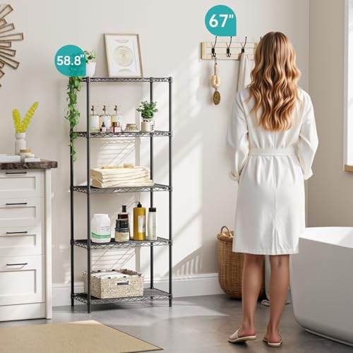 SINGAYE Shelf Closet Wire Shelving：Adjustable Metal Unit for Laundry Room Organization Bathroom Kitchen Home Storage Small Pantry Rack Shelves - color: Black, size: 5Tier-11.45"Dx22"Wx58.8"H