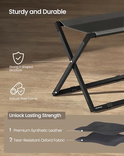 SONGMICS Luggage Rack, Foldable Suitcase Stand, Metal Luggage Holder, Synthetic Leather, Easy to Assemble, for Guest Room, Hotel, Bedroom, Ink Black and Charcoal Gray URLR009B01 - color: Black, size: 1 Pack, style: with Synthetic Leather
