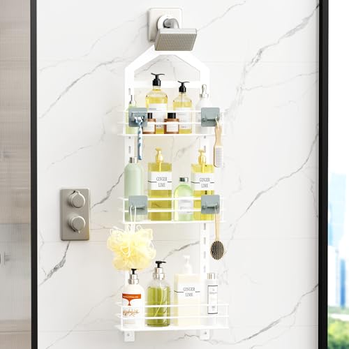 Orimade Adjustable Anti-slip Shower Caddy over Head, Rustproof Bathroom Hanging Shower Organizer with 2 Hooks for Razor, No Drilling Shower Shelves Storage Rack 3 Tier, White - color: White - 3 Tier