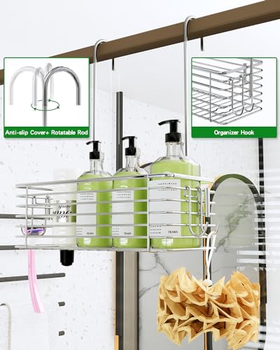Over Door Shower Caddy, Stainless Steel Bathroom Organizer with Rotating Hooks, Hanging Storage Basket for Shampoo - size: single layer