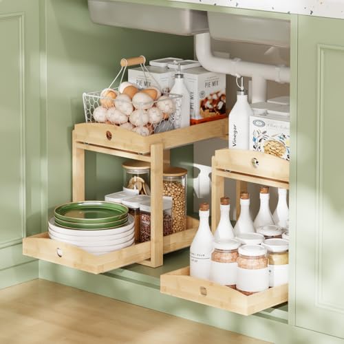 Bamboo Wood Under Sink Organizer 1 Pack, Pull Out Cabinet Organizer 2 Tier Under Sink Organizers and Storage with Sliding Drawer Sturdy Easy Assembly for Kitchen Bathroom Undersink (Nature, 2 Packs) - color: Nature