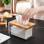 Clear Tissue Holder, Acrylic Dryer Sheet Dispenser Box with Bamboo Lid, Transparent Container, Minimalist Design. Tissue Organizer for Laundry, Living Room, Bathroom, Bedroom, Medium Size