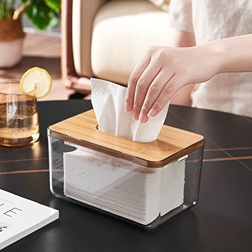 Clear Tissue Holder, Acrylic Dryer Sheet Dispenser Box with Bamboo Lid, Transparent Container, Minimalist Design. Tissue Organizer for Laundry, Living Room, Bathroom, Bedroom, Medium Size