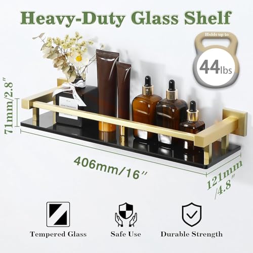 Alise Bathroom Glass Shelf with Stainless Steel Railing, Gold Small Tempered Glass Floating Wall Shelf Over The Toilet, 16 inch - color: Gold and Black, size: 16 Inch