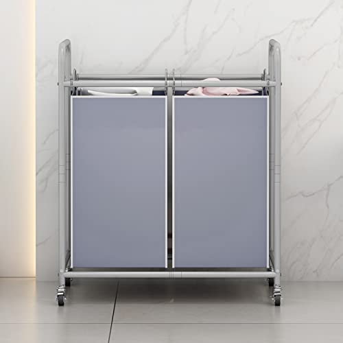 SUOERNUO Laundry Sorter Basket 2 Bag Laundry Hamper Cart with Rolling Lockable Wheels and Removable Bags Laundry Organizer Cart for Clothes Storage, Grey - color: Grey, size: 2 Bags