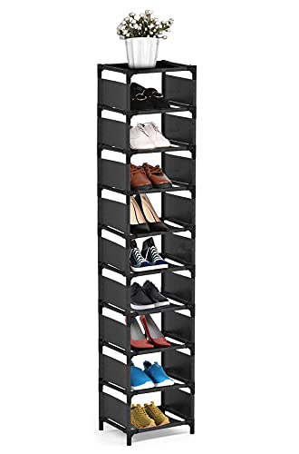 Vertical Shoe Rack, 10 Tier Narrow Shoe Rack for Closet & Entryway, Space Saving Tall Shoe Organizer for Small Spaces, Sturdy Metal Stackable Shoe Shelf Tower for Boots & Heels, Black - color: Black