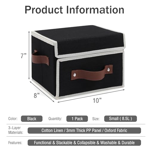 Storage Bins Box with Lids Front Opening Window Decorative Cotton Linen Fabric Basket PU Leather Handles Washable PP Plastic Board Foldable Shelf Closet Organizer Container (Black, Small) - color: Black, size: Small ( Pack of 1 )