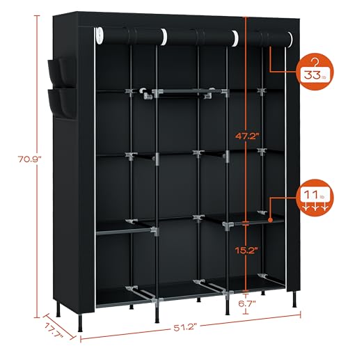 CASAMAYA Portable Closet, 51.2 Inch Large Capacity Wardrobe Closet with Cover, Clothes Storage Organizer with Shelves and 3 Hanging Rods, Easy to Assembly, Black PCT203B01 - size: 51.2"L x 17.7"W x 70.9"H