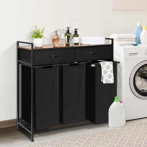 Laundry Sorter 3 Section, 180L Laundry Hamper Basket with Shelf and 2 Drawers, 3 Compartment Clothes Storage Organizer Cart, Pull-Out Removable Oxford Fabric Bags, Black - color: Black, size: 180L