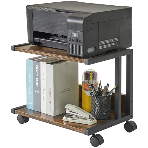 IBUYKE Under Desk Printer Stand,2 Tier Printer Cart,Mobile Home Desktop Organizer Shelf with 4 Wheels,for Fax, Home Office Use，Rustic Brown UTLJ007H - color: Brown, size: with wheels