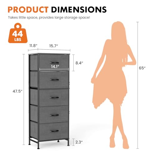Sweetcrispy 5 Drawer Dresser with Fabric Bins, Sturdy Steel Frame and Wood Top, Storage Organizer Chest for Bedroom, Closet, Hallway, Gray - color: Grey, size: 15.7"D x 11.8"W x 47.7"H (5 Drawers)