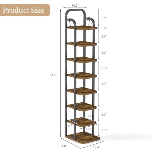 ITEFDTUTNE 8 Tiers Vertical Shoe Rack, Narrow Shoe Tower Adjustable Shelves Wooden Tall Rack with 2 Hooks, Corner Storage Organizer for Small Spaces, Entryway, Living Room, Rustic (Light Brown) - color: Light Brown-8 Tiers