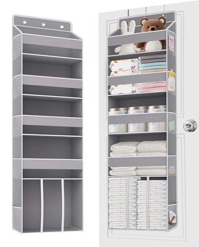 TAHAVICE Heavy Duty Over the Door Organizer with Large Capacity Caddy, Behind Door Storage with 10 Mesh Side Pockets, Back of Door Hanging Organizer for Closet, Bathroom, Laundry - color: Grey