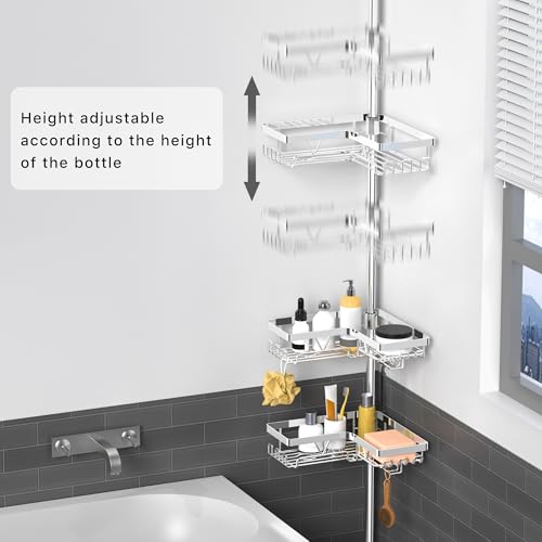 KEGII Corner Shower Caddy Tension Pole - Chrome 4-Tier Adjustable Shower Tension Rod Organizer with Hooks & Soap Holders, 25-114.2 Inch Stainless Steel Shower Storage Rack for Renters & Family - style: Tension Caddy - Chrone