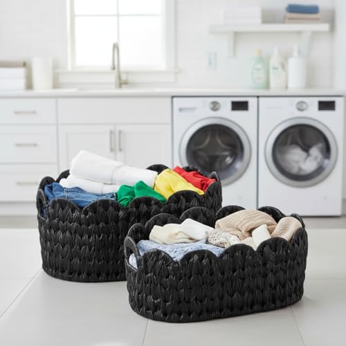 Coeusy Wicker Scalloped Basket Set of 2,Woven Storage Baskets for Shelves,Closet,Laundry,Gift,Towels,Books,Toys,Waterproof Decor Basket for Organizing,Black Oval - color: Black