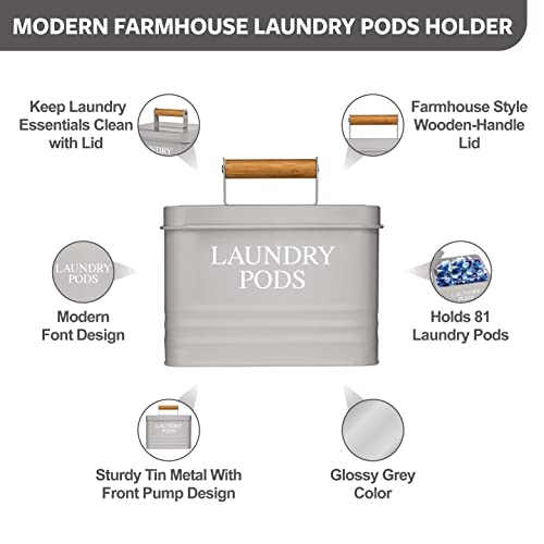 Calindiana Modern Farmhouse Metal Laundry Pods Holder Container with Lid for Laundry Room Decor and Accessories and Space Saving Laundry Room Organization and Storage, Holds 81 Laundry Pods, Grey - color: Grey