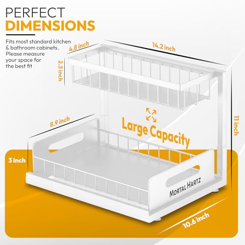 MORTALHARTS Under Sink Organizer – 1 Pack 2-Tier Sliding Storage Rack – Pull-Out Cabinet Organizer with Adjustable Metal Shelf, L-Shaped Design for Kitchen, Bathroom & Laundry Cabinets - color: White